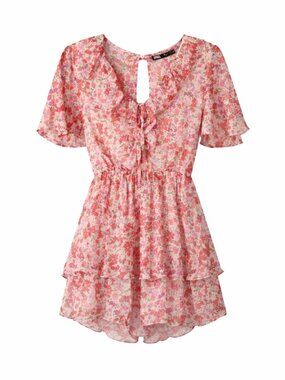 Zara Floral Romper Pink Red Ruffle Boho Cottagecore Tie Front Mini Dress S